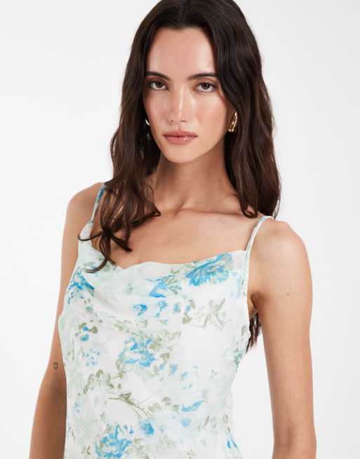 Vero Moda Smilla chiffon cowl neck cami midi dress in blue floral print, 3 of 4