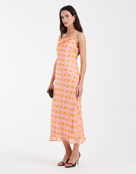 Vero Moda Smilla chiffon cowl neck cami midi dress in orange and pink check print