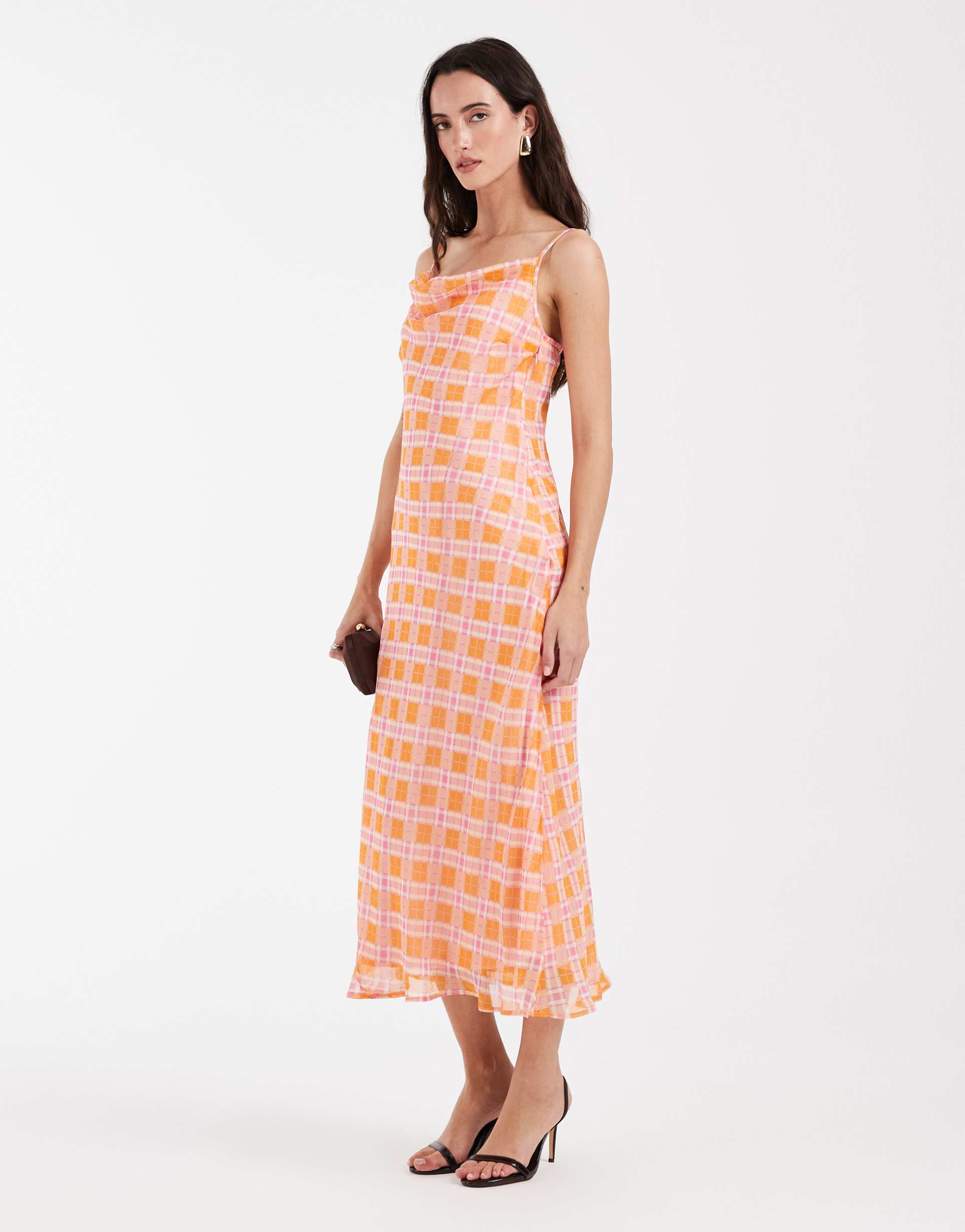 vero moda smilla chiffon cowl neck cami midi dress in orange and pink plaid print