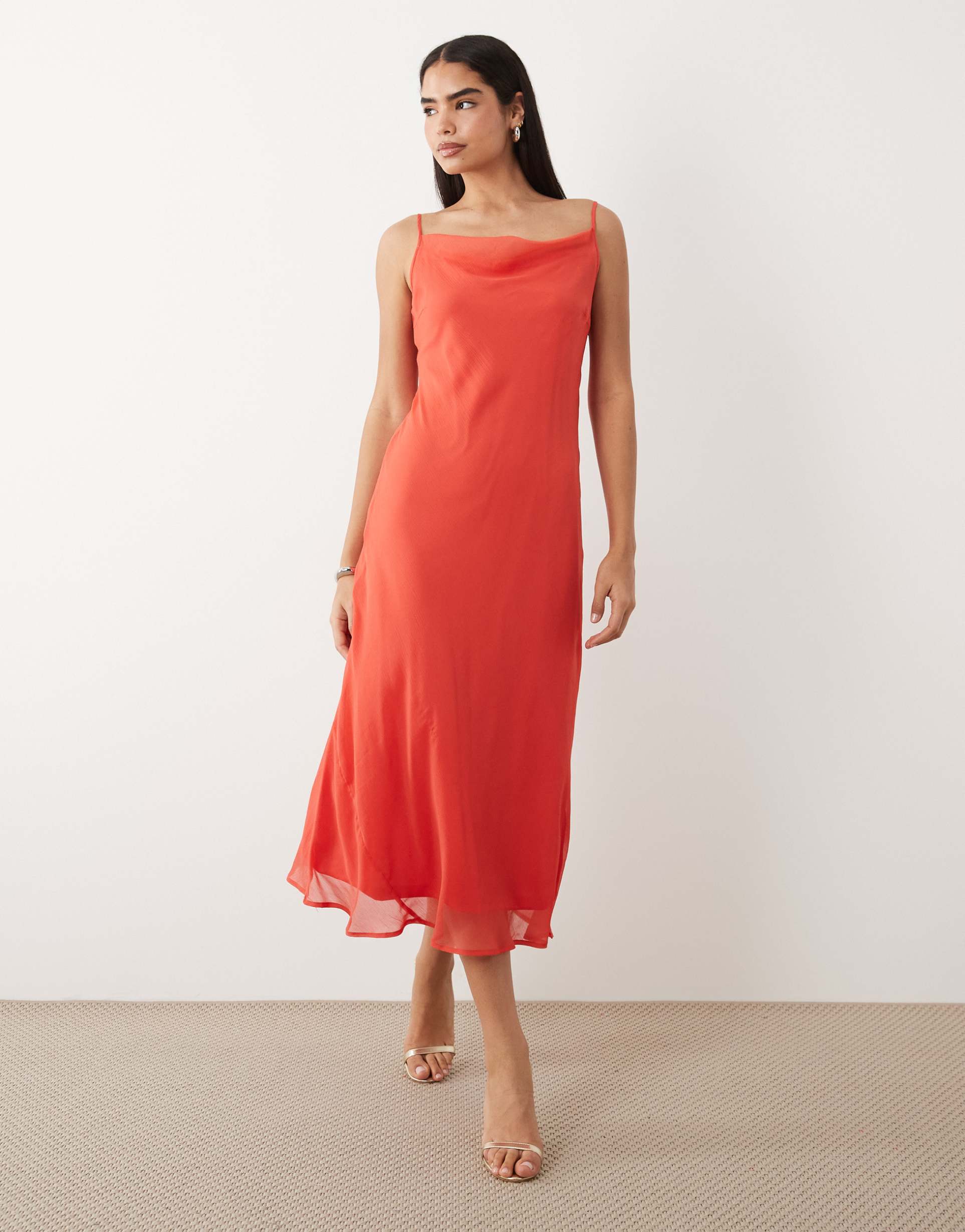 vero moda smilla chiffon cowl neck cami midi dress in red