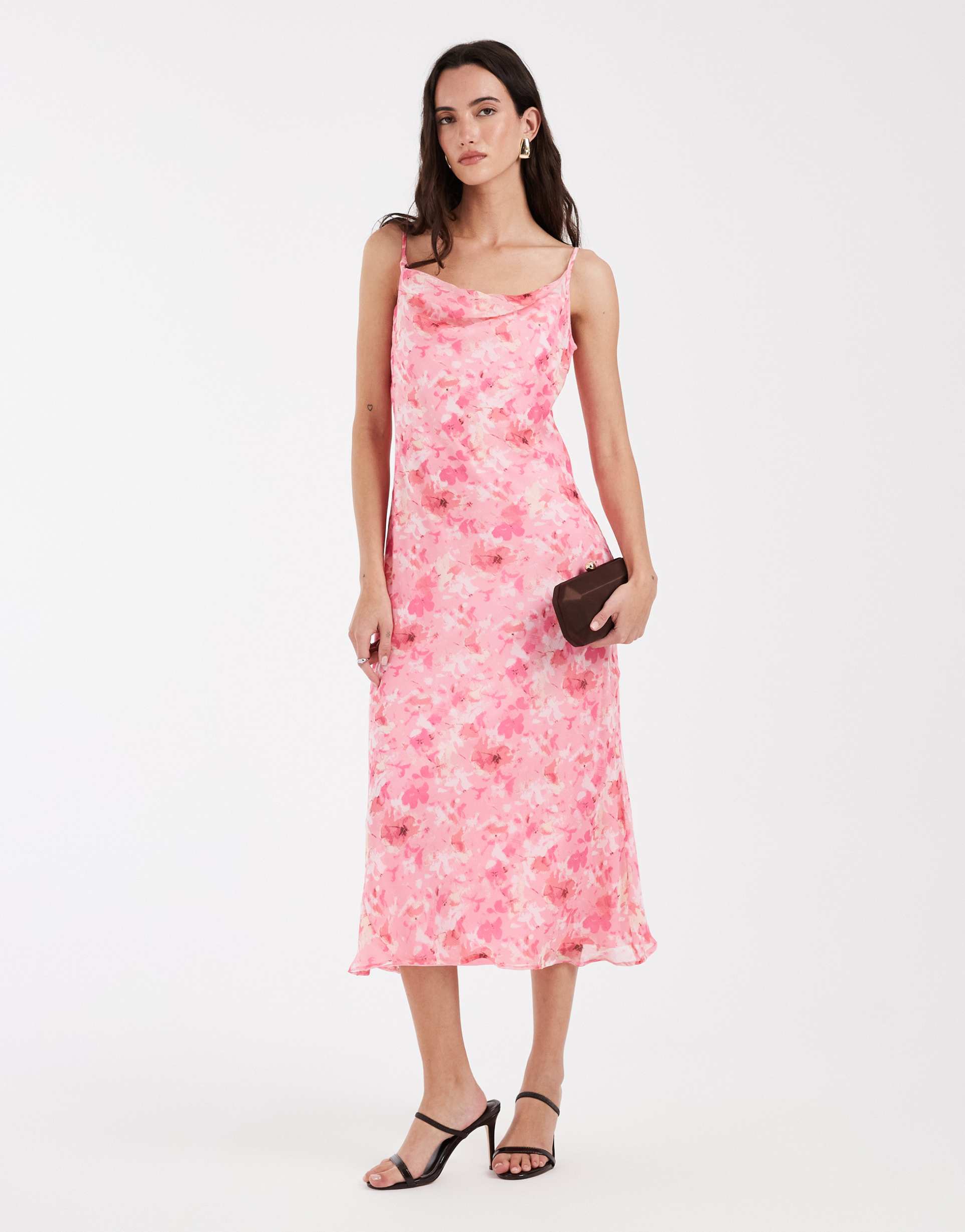 vero moda smilla chiffon cowl neck cami midi dress in tonal pink floral print