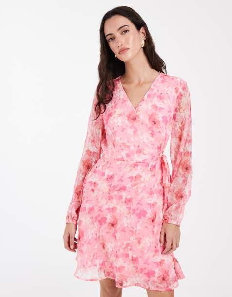 Vero Moda Smilla chiffon long sleeve wrap front mini dress in tonal pink floral print - view 1