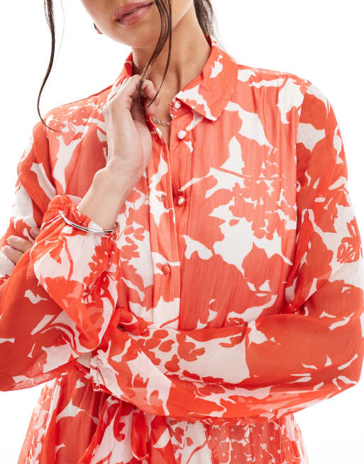 Vero Moda Smilla flippy belted shirt dress in red floral, 3 of 4
