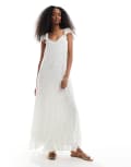 [Vero Moda] Vero Moda Smilla flutter sleeve ankle dress in blue ditsy floral-White M Bright White