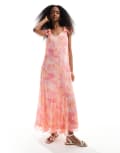 [Vero Moda] Vero Moda Smilla flutter sleeve ankle dress in pink blurred floral print S Crystal Pink Anja
