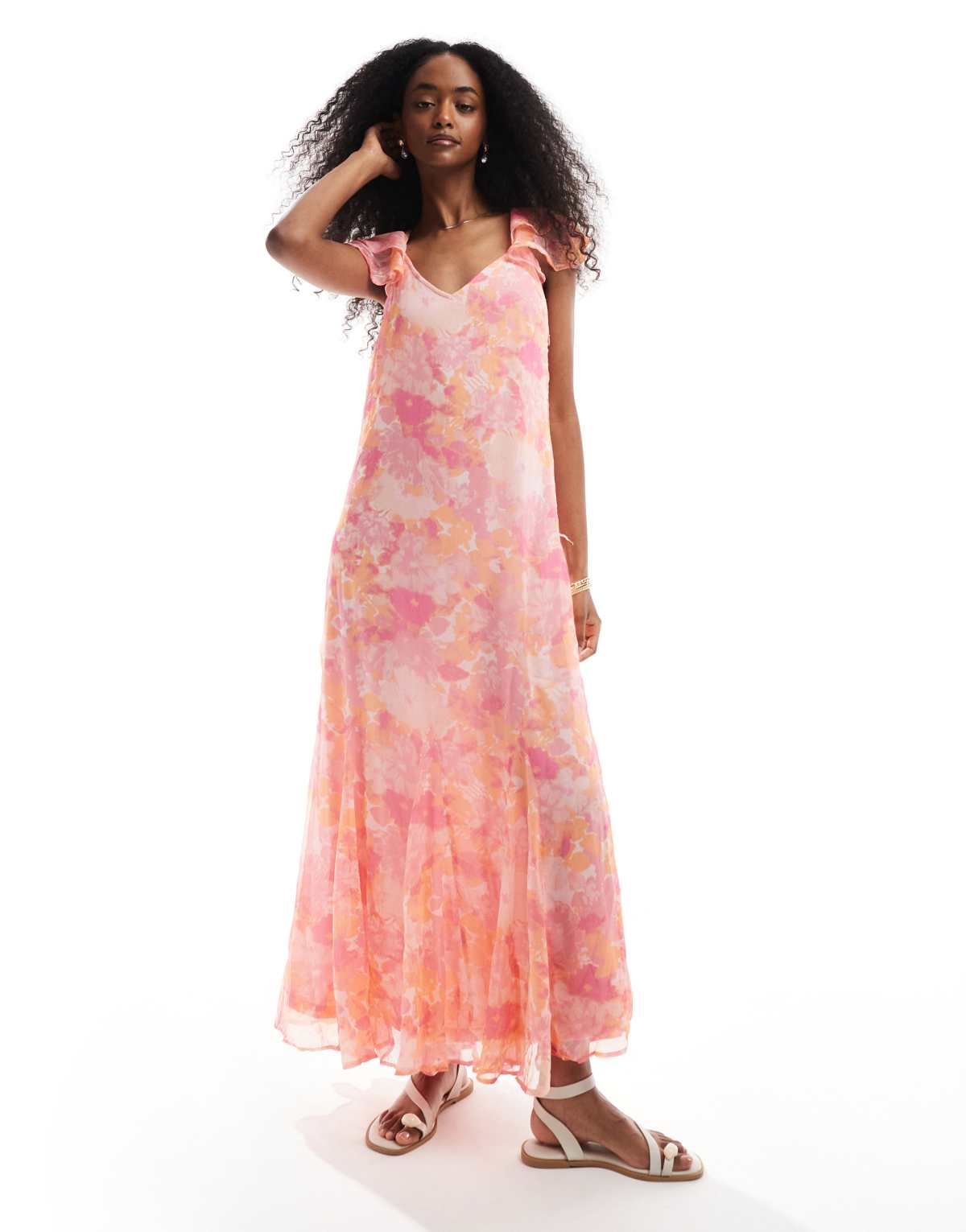 Vero Moda Smilla flutter sleeve ankle dress in pink blurred floral print