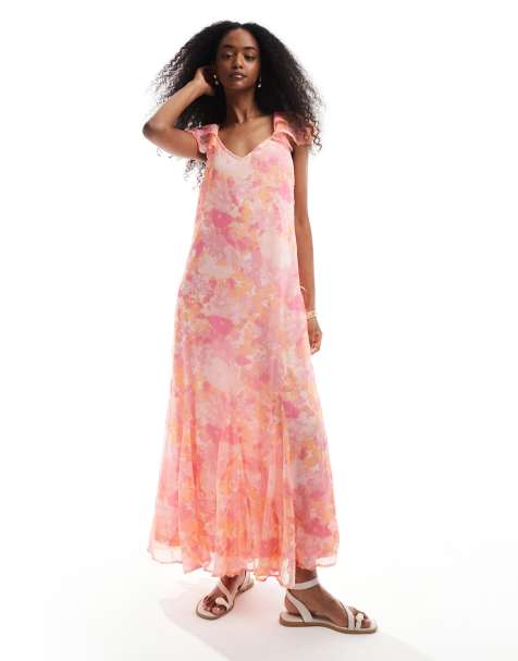 Vero Moda Smilla flutter sleeve ankle length dress in pink blurred floral print - view 1