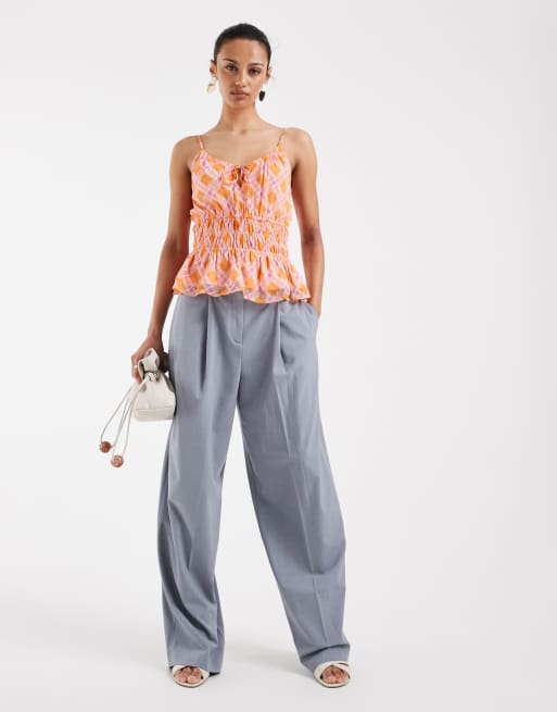 Vero Moda - Smilla - Geruite camitop van chiffon met elastische taille in oranje en roze, 2 van 4