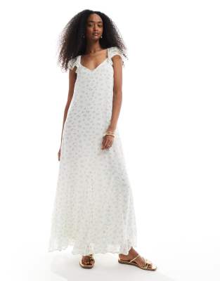 Vero Moda - Smilla - Knöchellanges Kleid in Blau mit Blümchenmuster und Flatterärmeln-Weiß
