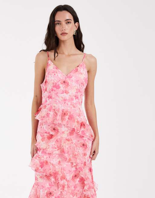 Vero Moda - Smilla - Lyserød cami-midikjole med flæsedetaljer og blomstermønster i chiffon, 2 af 4