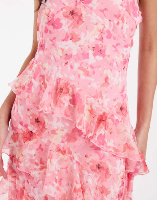 Vero Moda - Smilla - Lyserød cami-midikjole med flæsedetaljer og blomstermønster i chiffon, 3 af 4