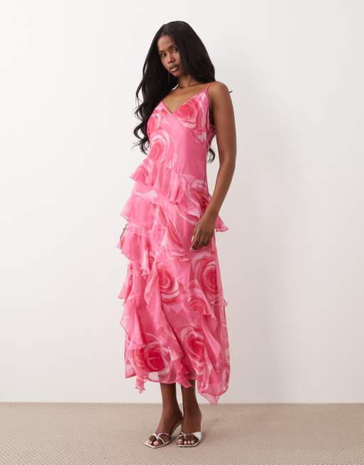Vero Moda - Smilla - Midi cami-jurk van chiffon met ruches in ton-sur-ton grote roze rozenprint, 2 van 4