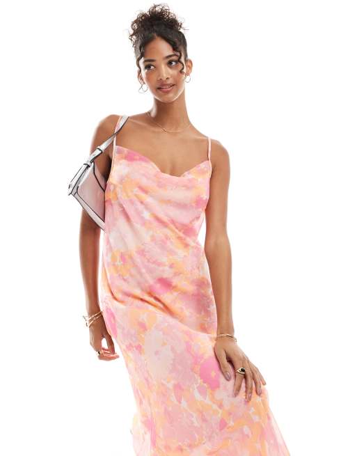 Vero Moda - Smilla - Pink cami-midikjole med vandfaldsudskæring og sløret blomstermønster, 2 af 4