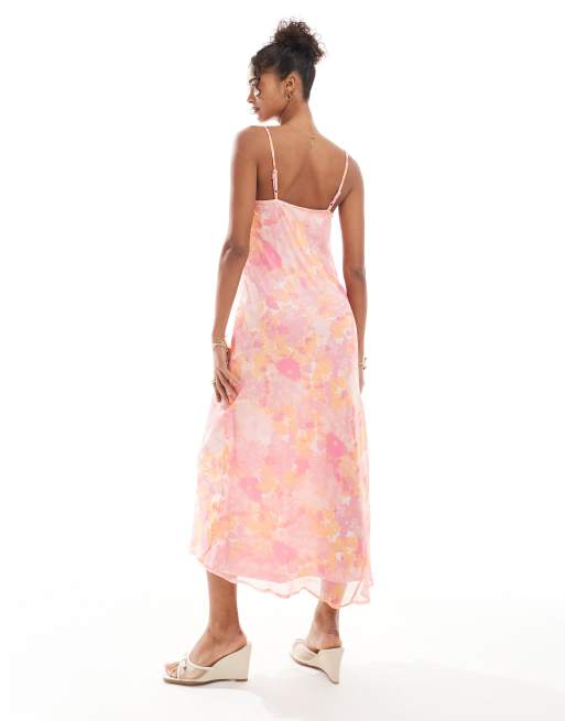 Vero Moda - Smilla - Pink cami-midikjole med vandfaldsudskæring og sløret blomstermønster, 4 af 4