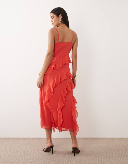 Vero Moda - Smilla - Robe caraco mi-longue en mousseline à volants - Rouge, 2 de 4