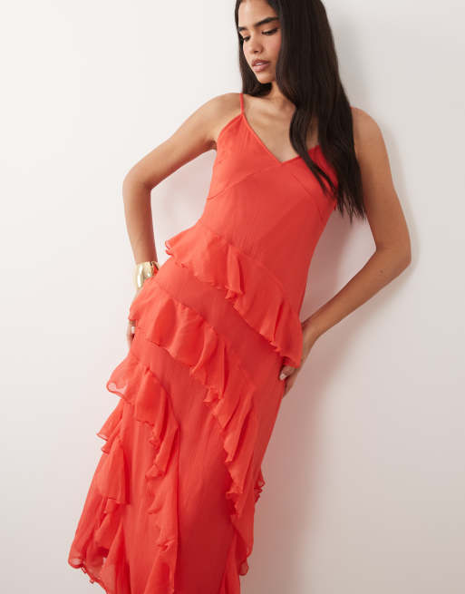 Vero Moda - Smilla - Robe caraco mi-longue en mousseline à volants - Rouge, 3 de 4