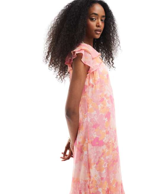 Vero Moda - Smilla - Robe longueur cheville à imprimé fleuri flou et manches évasées - Rose, 3 de 4