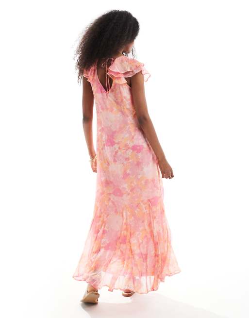 Vero Moda - Smilla - Robe longueur cheville à imprimé fleuri flou et manches évasées - Rose, 4 de 4