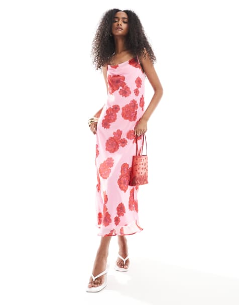 Vero Moda - Smilla - Robe mi-longue à imprimé fleurs avec col bénitier et bretelles - Rouge et rose - view 1