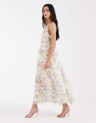 Smilla - Robe mi-longue en mousseline imprimé fleuri avec bretelles fines et détail volanté - Rose/jaune-Blanc M