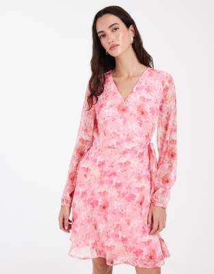 Smilla - Robe portefeuille courte en mousseline à fleurs ton sur ton avec manches longues - Rose XXS