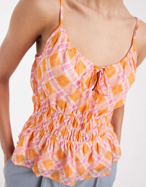 Vero Moda - Smilla - Top naranja y rosa a cuadros de tirantes con cinturilla elástica de chifón, 3 de 4
