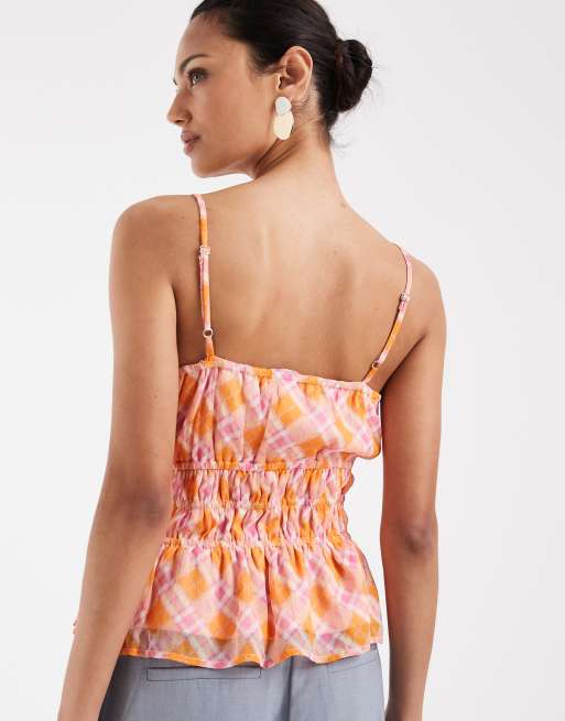 Vero Moda - Smilla - Top naranja y rosa a cuadros de tirantes con cinturilla elástica de chifón, 4 de 4