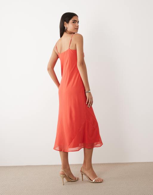 Vero Moda - Smilla - Vestito midi con scollo ad anello in chiffon rosso con spalline sottili, 4 di 4