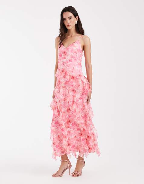 Vero Moda - Smilla - Vestito midi con spalline sottili e volant in chiffon rosa chiaro con stampa floreale - view 1