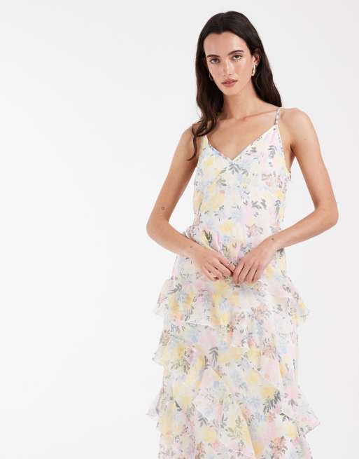 Vero Moda - Smilla - Vestito midi con spalline sottili e volant in chiffon rosa e giallo a fiori, 2 di 4