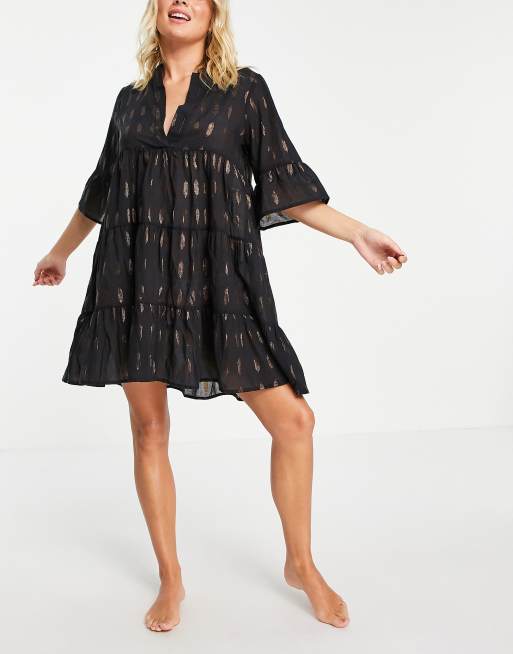 Vero Moda smock beach dress with gold in black ASOS