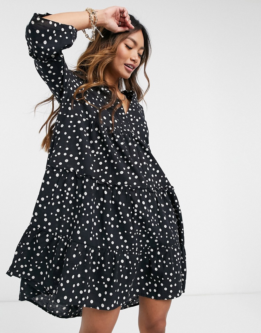 Vero Moda smock mini dress in black polka dot-Multi