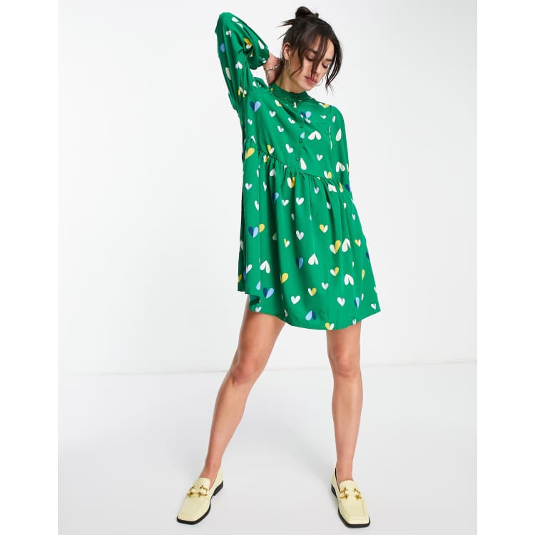 Vero Moda smock mini dress with button front in green heart print