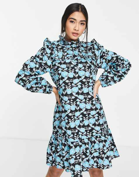 Vero Moda smock mini dress with frill detail in blue floral print - view 1