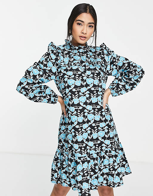 Vero Moda smock mini dress with frill detail in blue floral print