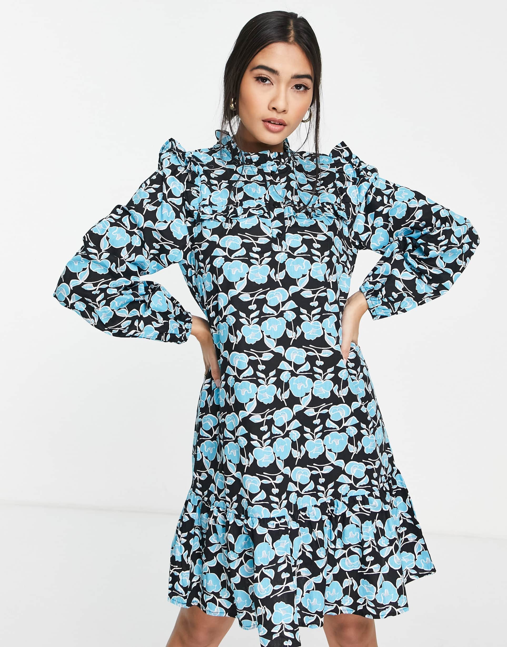 vero moda smock mini dress with frill detail in blue floral print