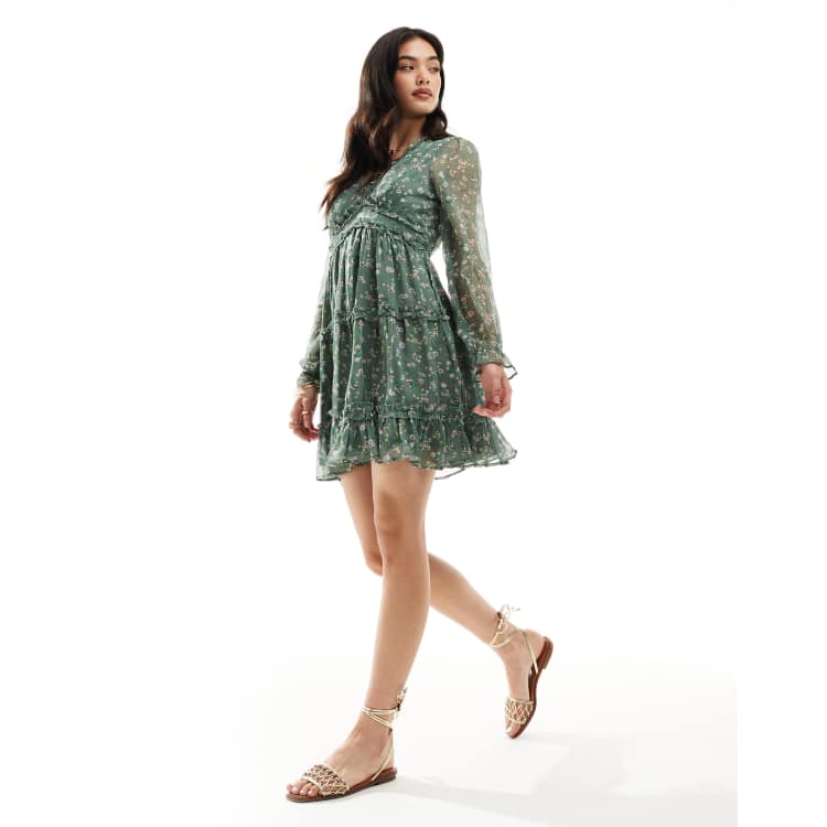vero moda green sequin dress smock mini with ruffles in khaki floral F26W