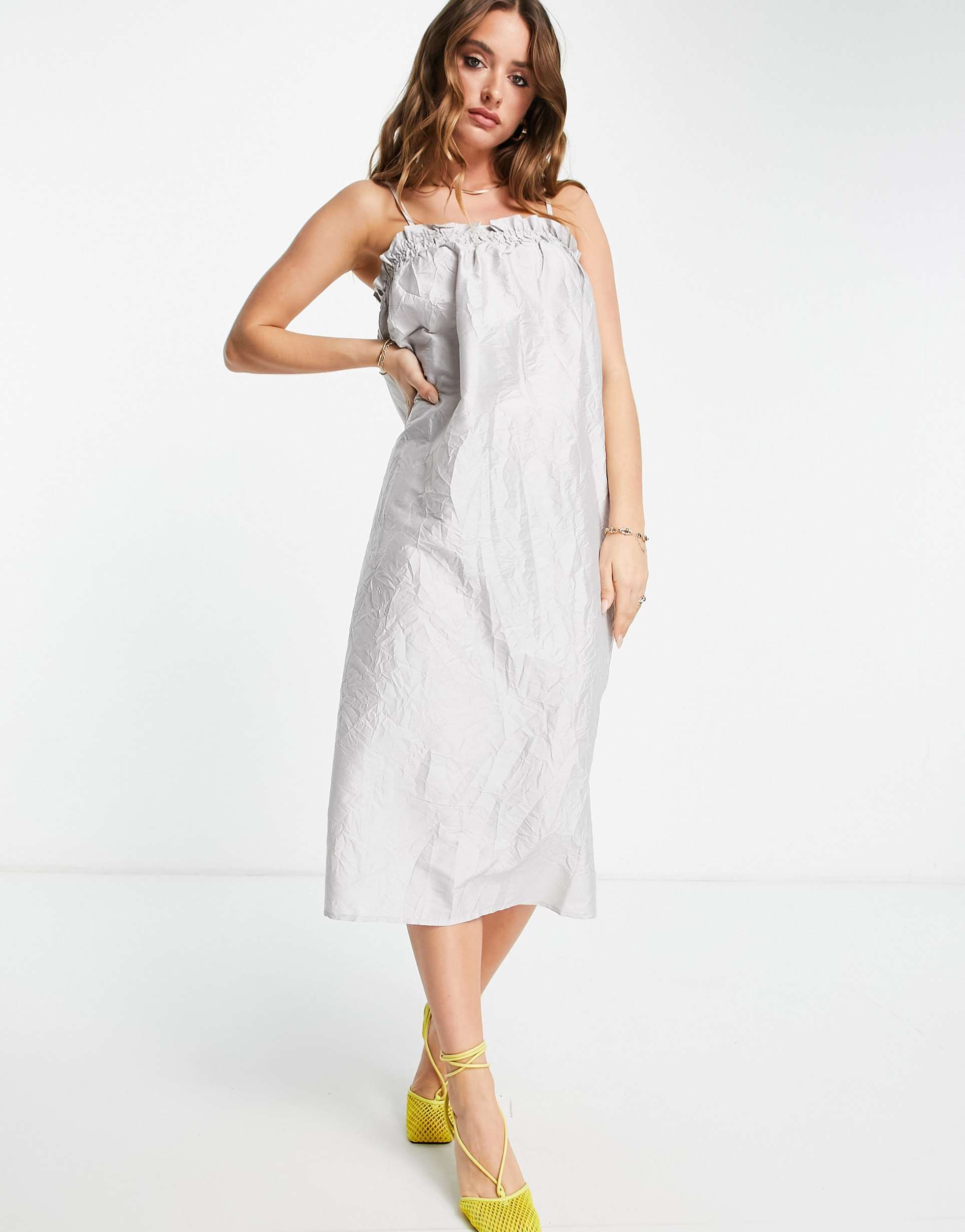 vero moda smock top cami midi dress in silver sheen
