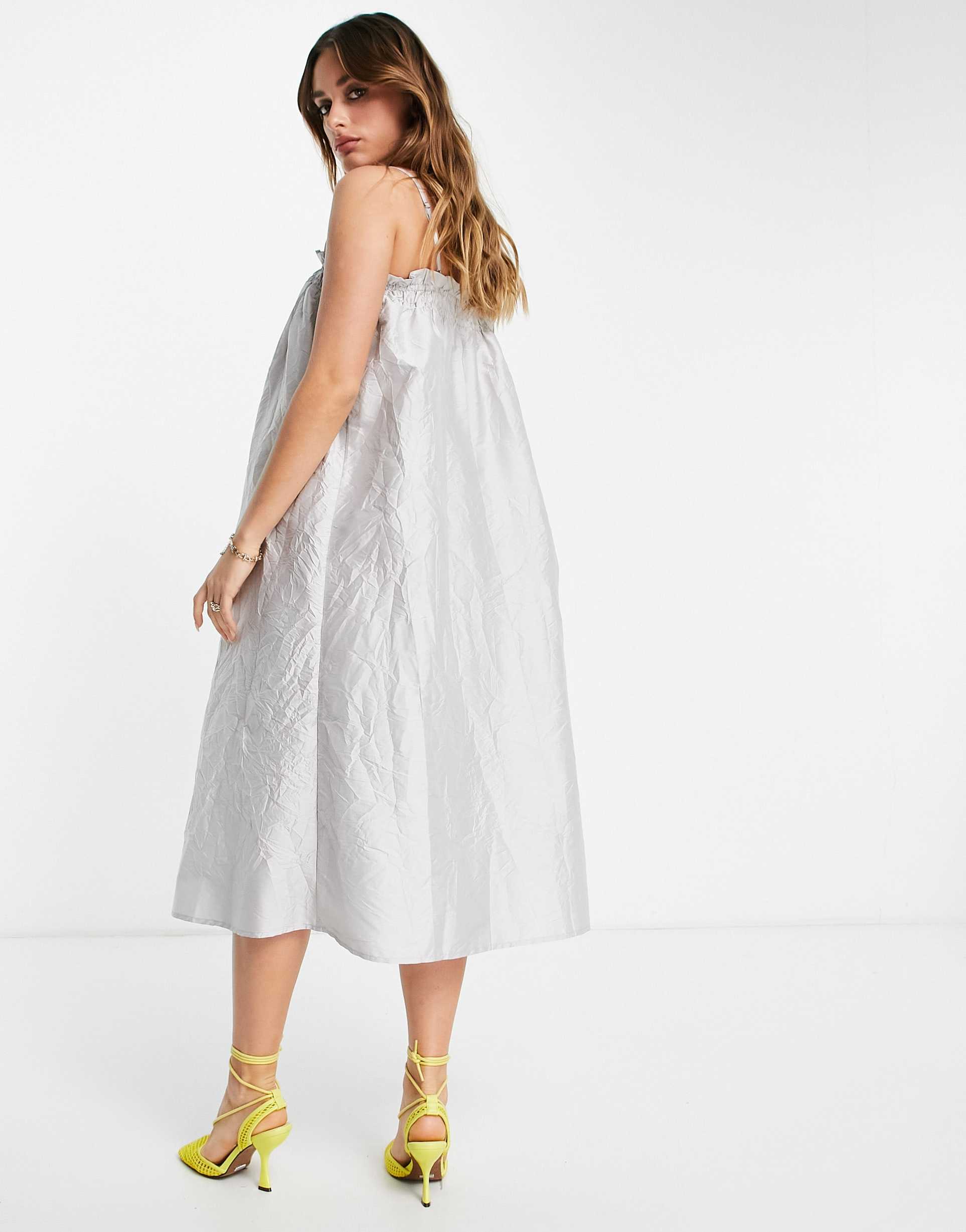 vero moda smock top cami midi dress in silver sheen