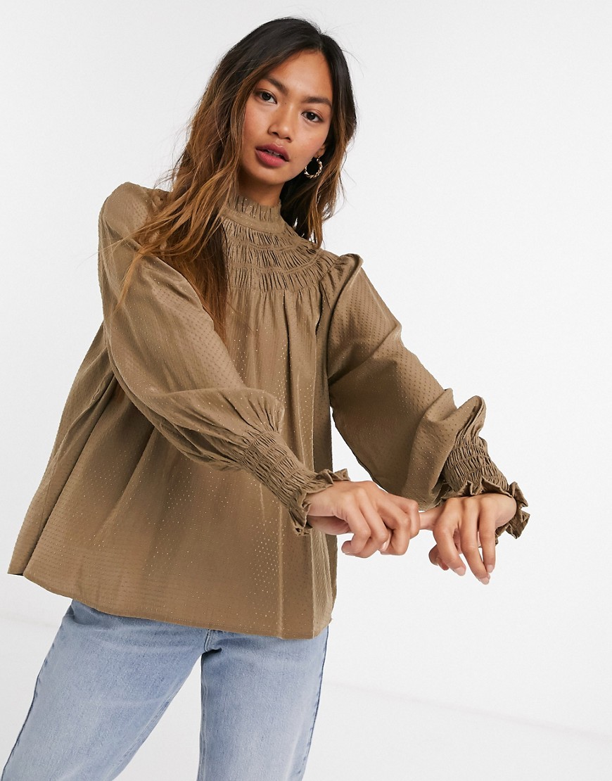 Vero Moda smock top with shirred high neck in tan-Brown