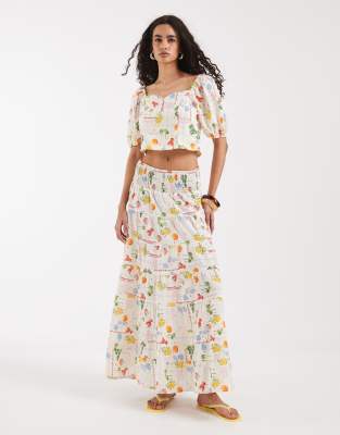 Vero Moda smock waist maxi skirt co-ord in cream seaside print