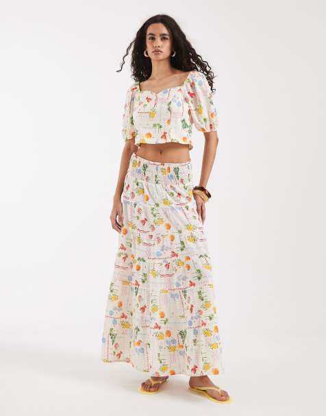 Vero Moda smock waist maxi skirt co-ord in cream seaside print