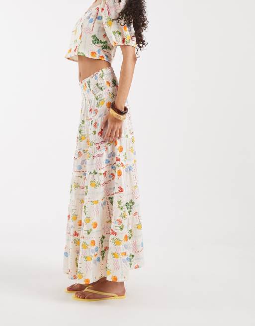 Vero Moda smock waist maxi skirt co-ord in cream seaside print, 5 of 5