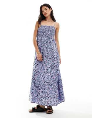 smocked bust maxi dress in blue floral print