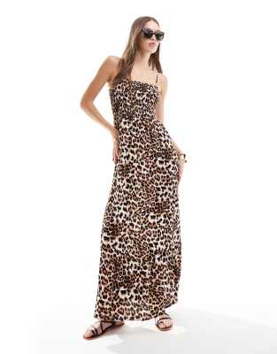 Plus Size Smocked V-Neck Leopard Piping Maxi Dress