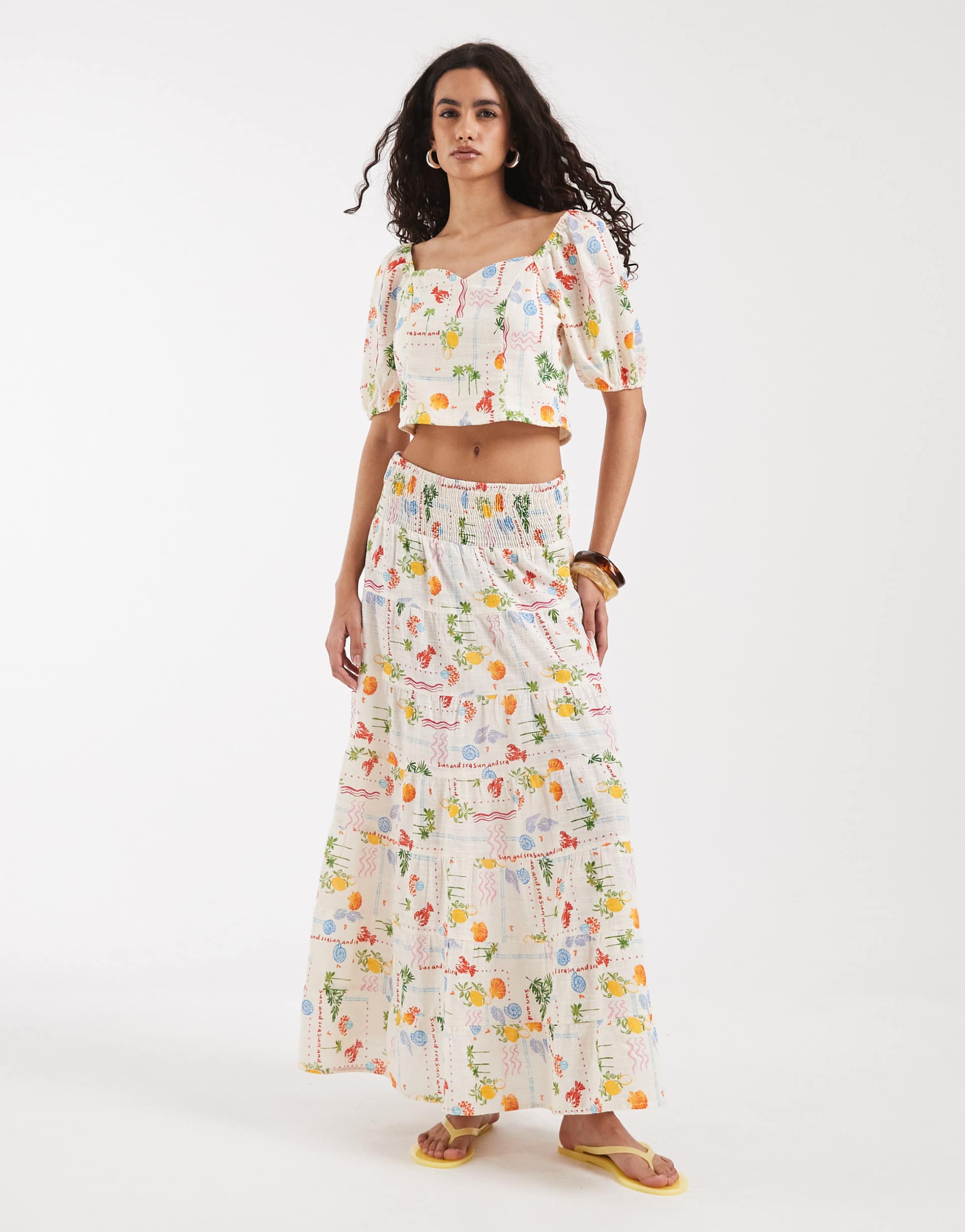 vero moda smocked waist maxi skirt in cream seaside print - part of a set