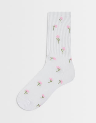 Vero Moda - Socken mit rosa Blumenmuster-Weiß