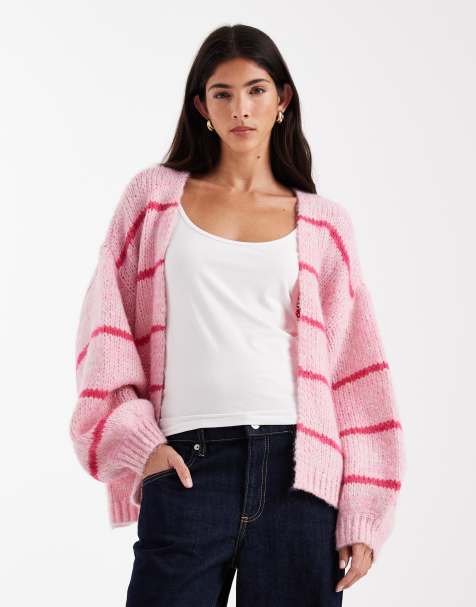 Vero Moda soft blouson sleeve edge to edge cardigan in bonbon pink stripe print