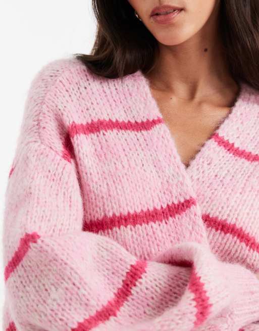 Vero Moda soft blouson sleeve edge to edge cardigan in bonbon pink stripe print, 4 of 4