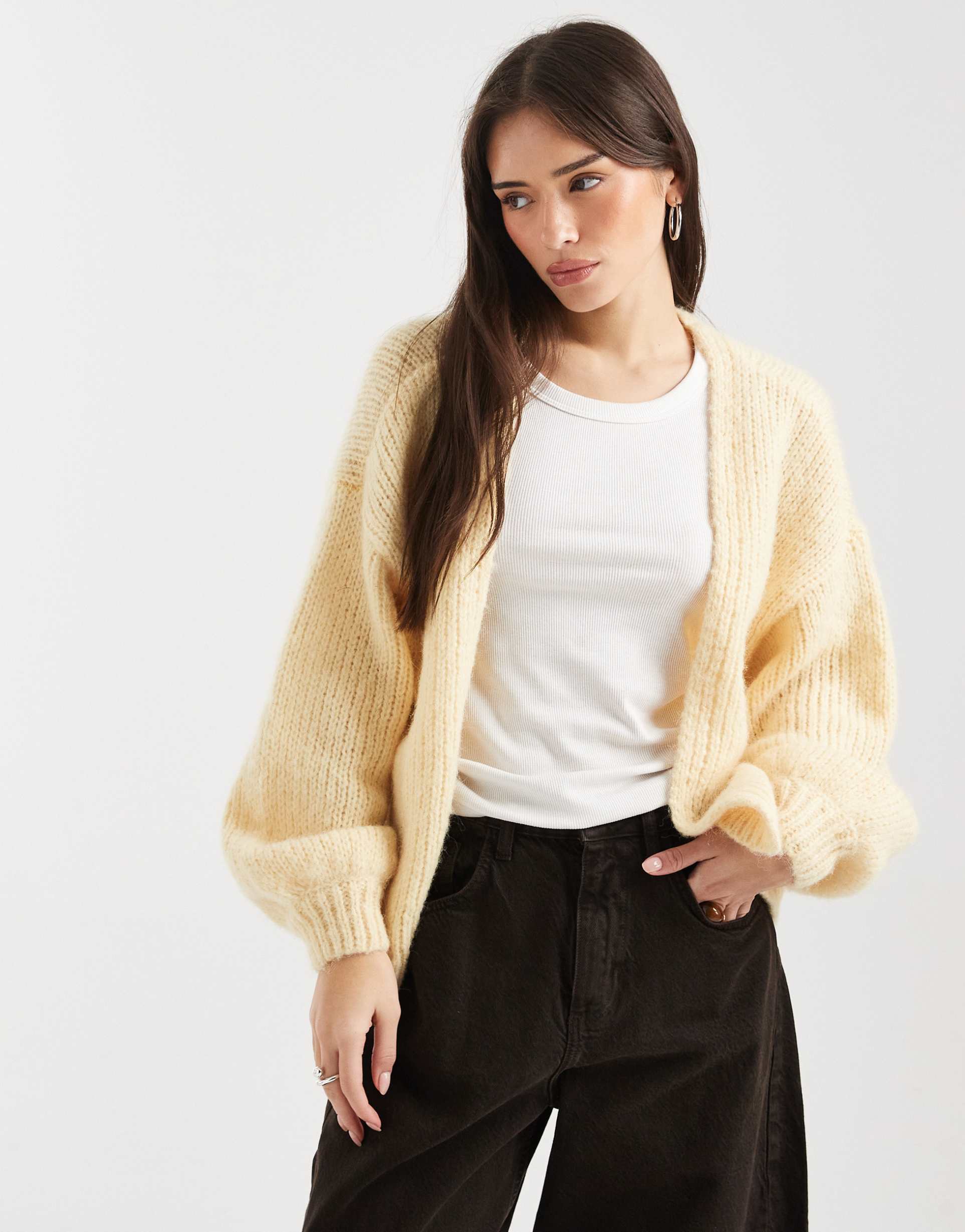vero moda soft blouson sleeve edge to edge cardigan in butter yellow